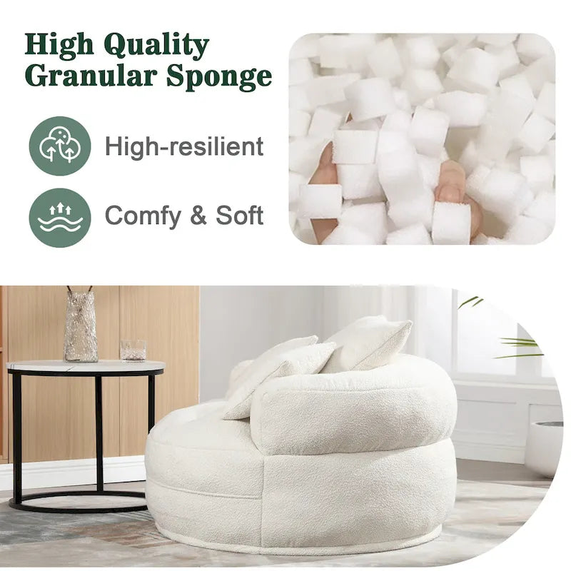 Fauteuil de salon cylindrique rembourré en tissu bouclé avec oreillers décoratifs