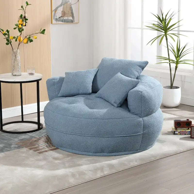 Fauteuil de salon cylindrique rembourré en tissu bouclé avec oreillers décoratifs