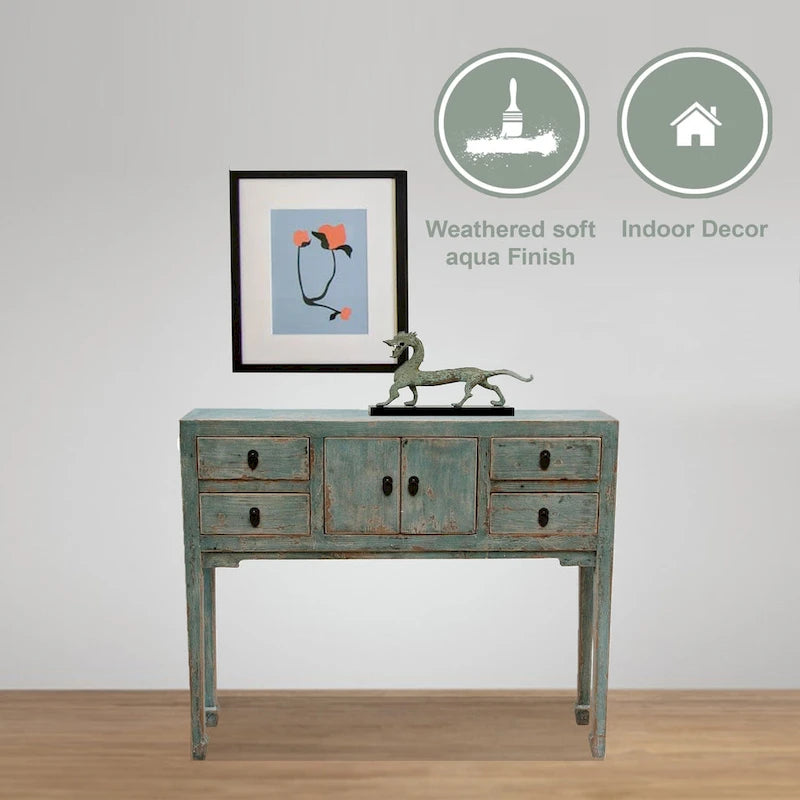Console Artissance avec 4 tiroirs, 39 po de long, Aqua doux vieilli