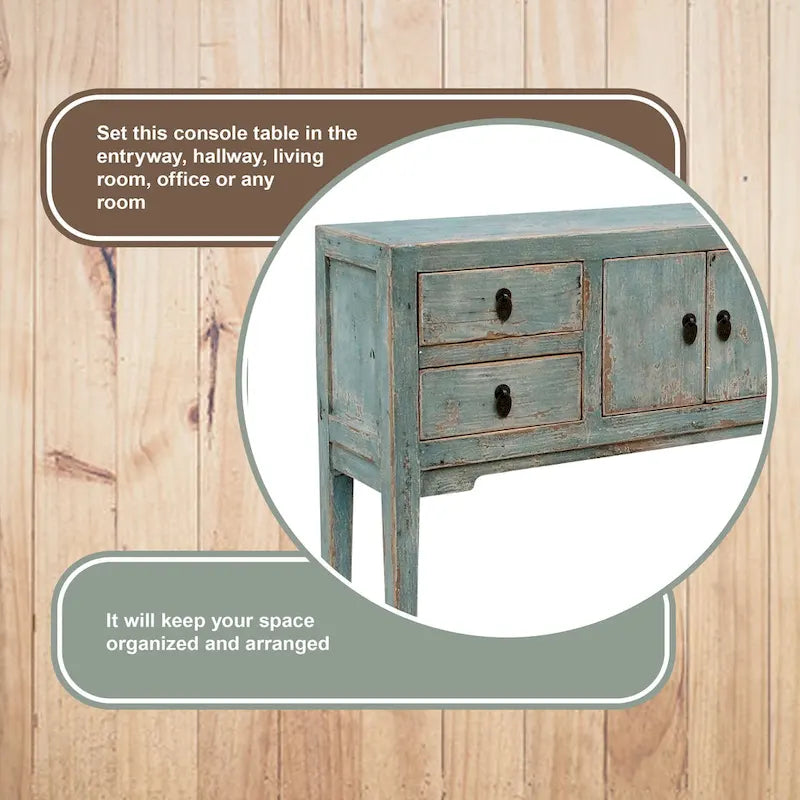 Console Artissance avec 4 tiroirs, 39 po de long, Aqua doux vieilli
