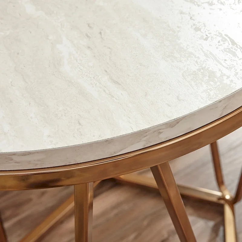 Table d'appoint ronde moderne Henderson en faux marbre avec piètement géométrique doré
