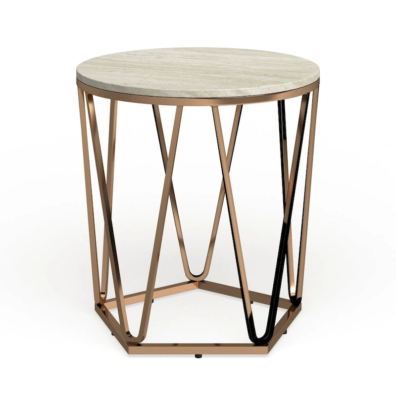 Table d'appoint ronde moderne Henderson en faux marbre avec piètement géométrique doré