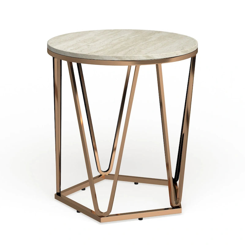 Table d'appoint ronde moderne Henderson en faux marbre avec piètement géométrique doré