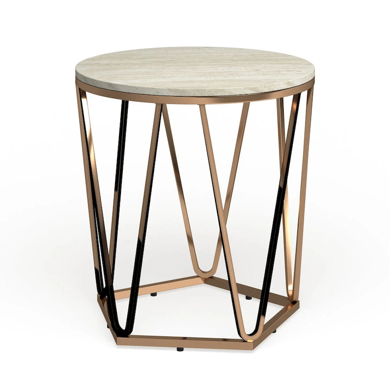 Table d'appoint ronde moderne Henderson en faux marbre avec piètement géométrique doré