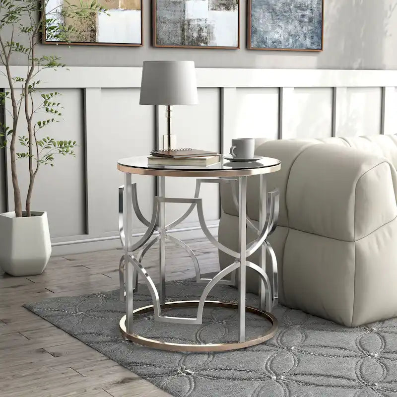 Table d'appoint ronde ouverte chromée et dorée de style moderne