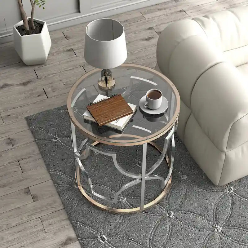Table d'appoint ronde ouverte chromée et dorée de style moderne