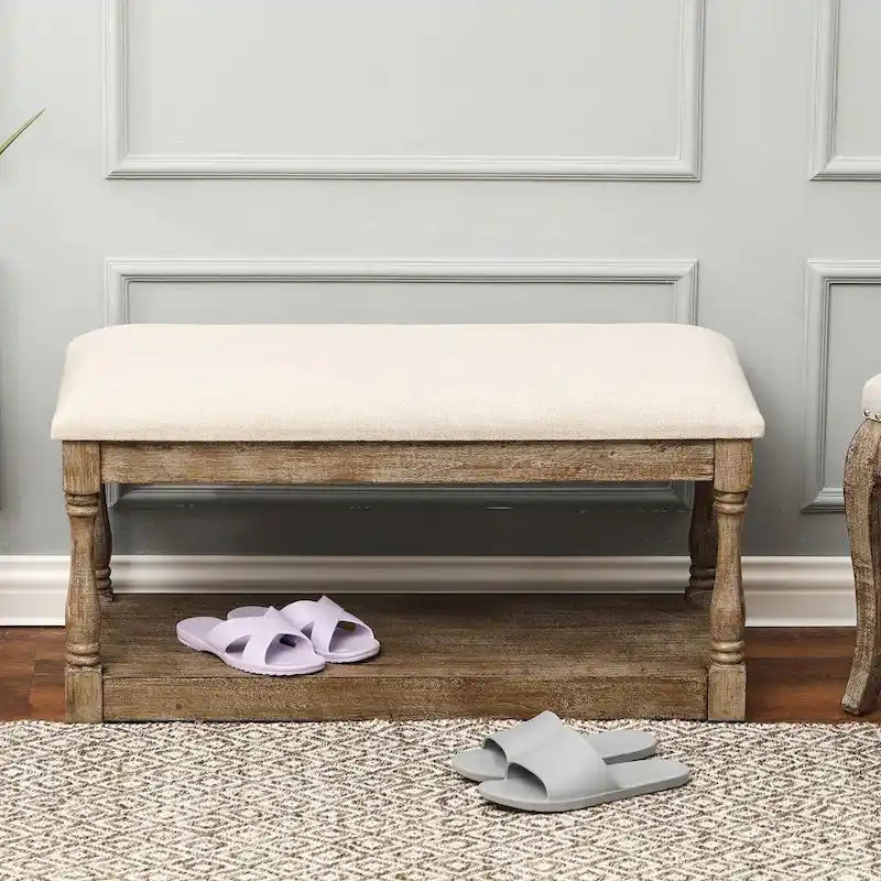Banc d'entrée et de chambre en lin beige rembourré – 45 H x 90 L x 40 P cm