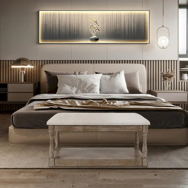 Banc d'entrée et de chambre en lin beige rembourré – 45 H x 90 L x 40 P cm
