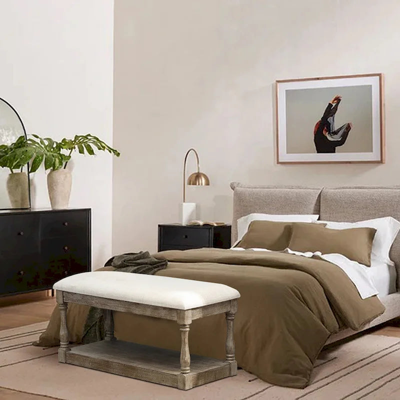 Banc d'entrée et de chambre en lin beige rembourré – 45 H x 90 L x 40 P cm