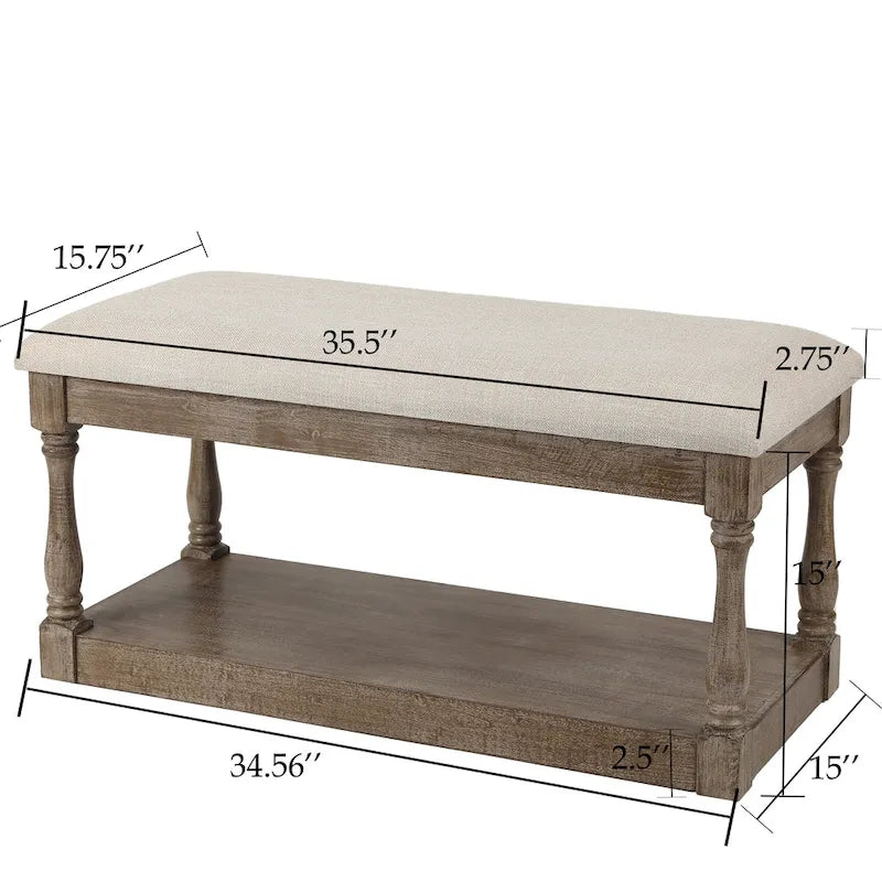 Banc d'entrée et de chambre en lin beige rembourré – 45 H x 90 L x 40 P cm