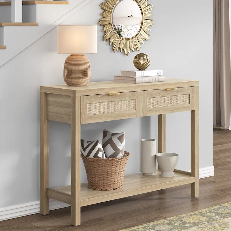 Console en rotin avec 2 tiroirs et étagères - 30 x 39,4 x 13,8