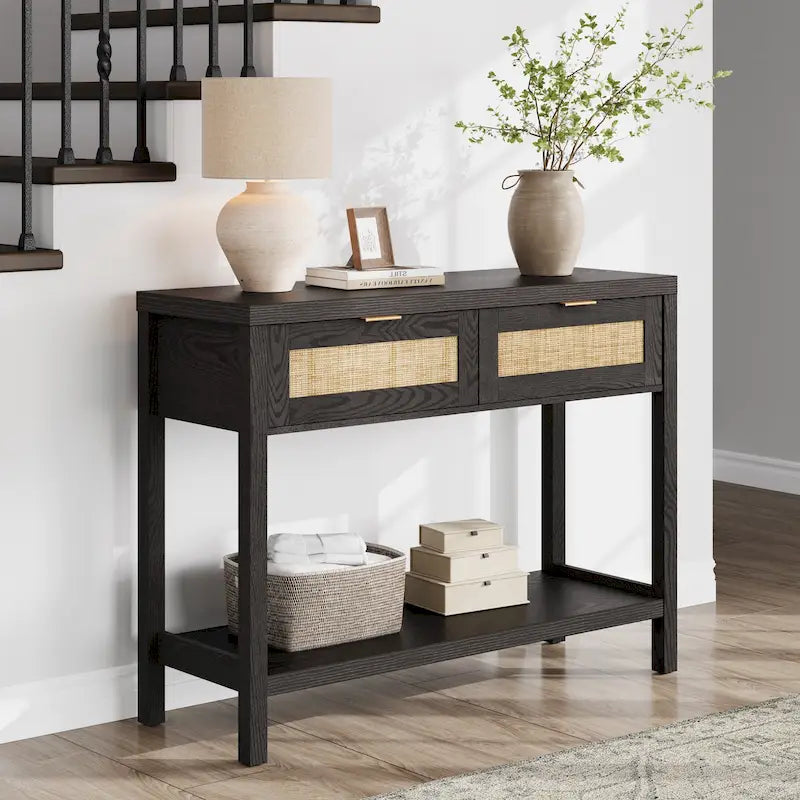 Console en rotin avec 2 tiroirs et étagères - 30 x 39,4 x 13,8