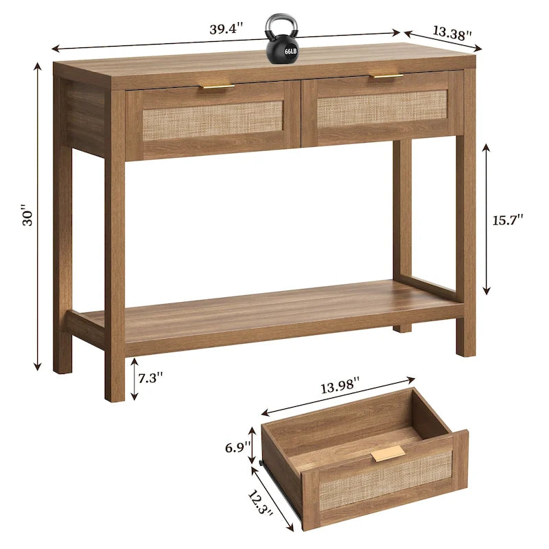 Console en rotin avec 2 tiroirs et étagères - 30 x 39,4 x 13,8