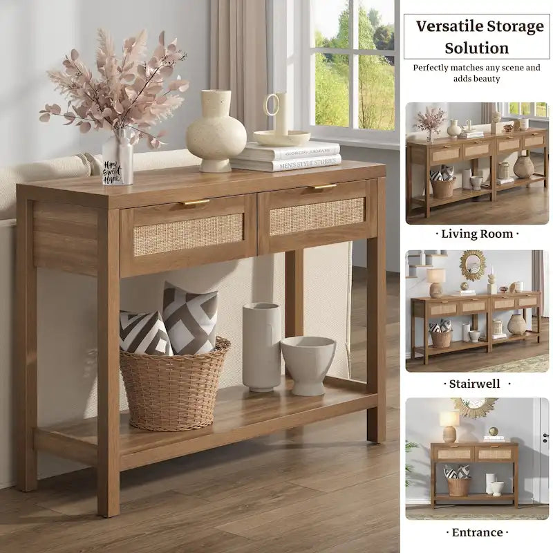 Console en rotin avec 2 tiroirs et étagères - 30 x 39,4 x 13,8