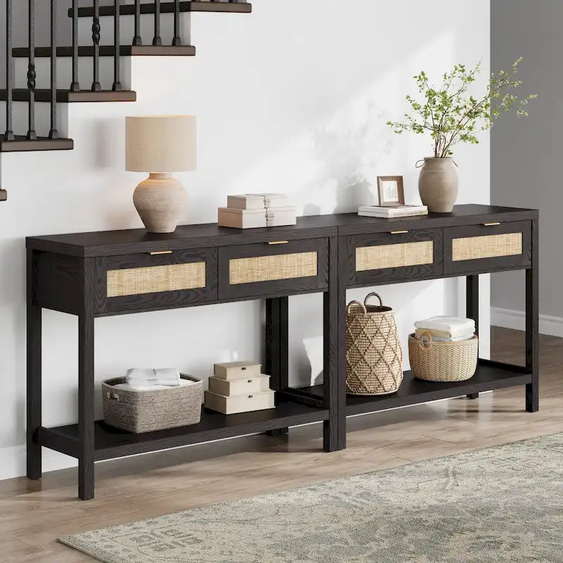 Console en rotin avec 2 tiroirs et étagères - 30 x 39,4 x 13,8