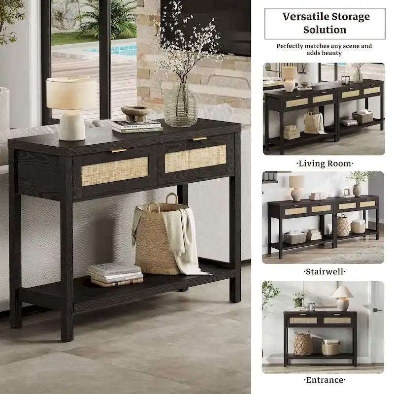 Console en rotin avec 2 tiroirs et étagères - 30 x 39,4 x 13,8