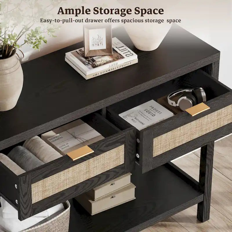 Console en rotin avec 2 tiroirs et étagères - 30 x 39,4 x 13,8