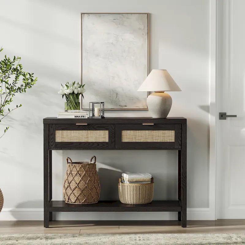 Console en rotin avec 2 tiroirs et étagères - 30 x 39,4 x 13,8