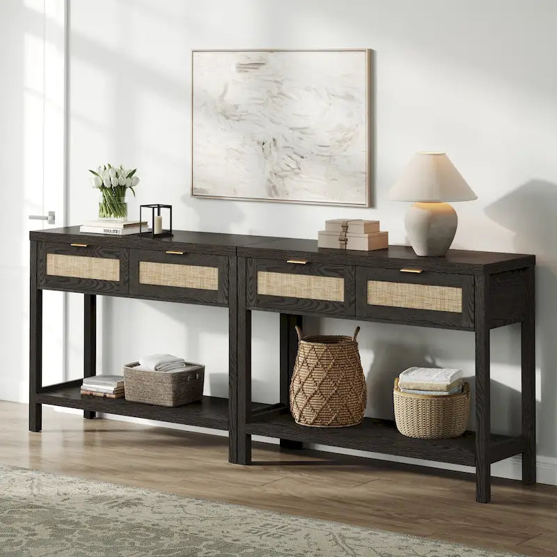 Console en rotin avec 2 tiroirs et étagères - 30 x 39,4 x 13,8