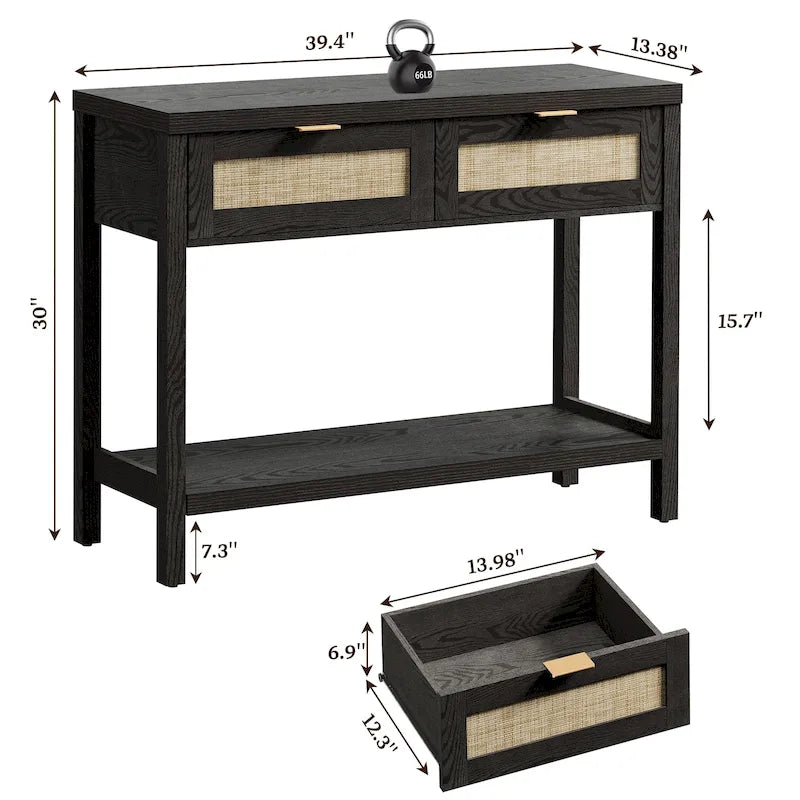 Console en rotin avec 2 tiroirs et étagères - 30 x 39,4 x 13,8
