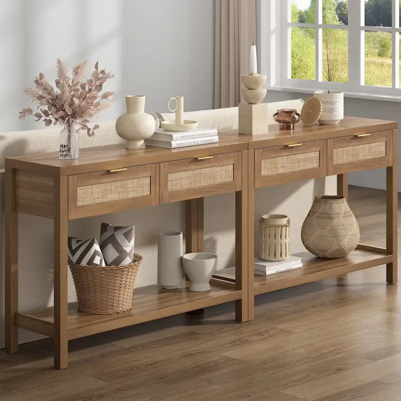 Console en rotin avec 2 tiroirs et étagères - 30 x 39,4 x 13,8