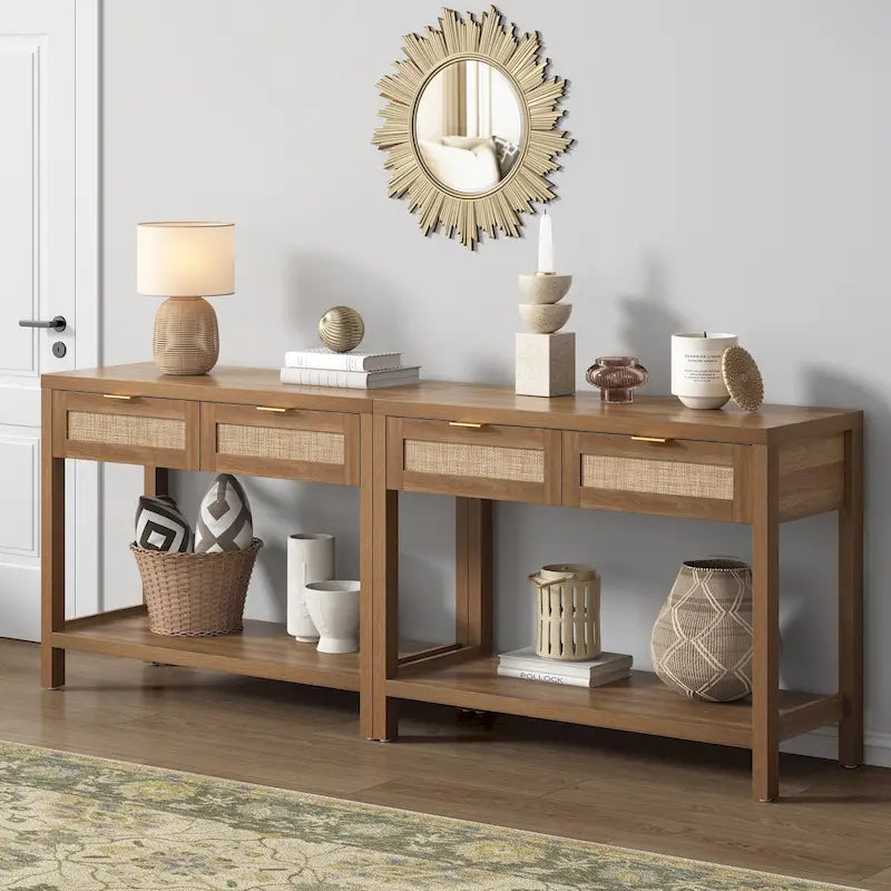 Console en rotin avec 2 tiroirs et étagères - 30 x 39,4 x 13,8