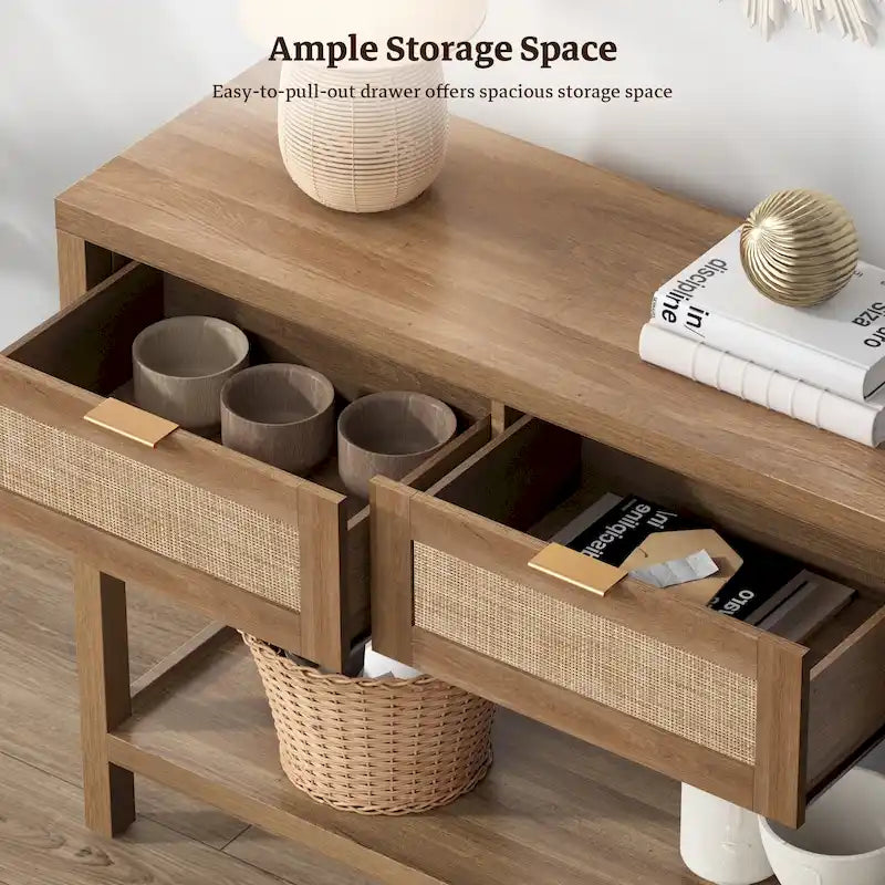Console en rotin avec 2 tiroirs et étagères - 30 x 39,4 x 13,8