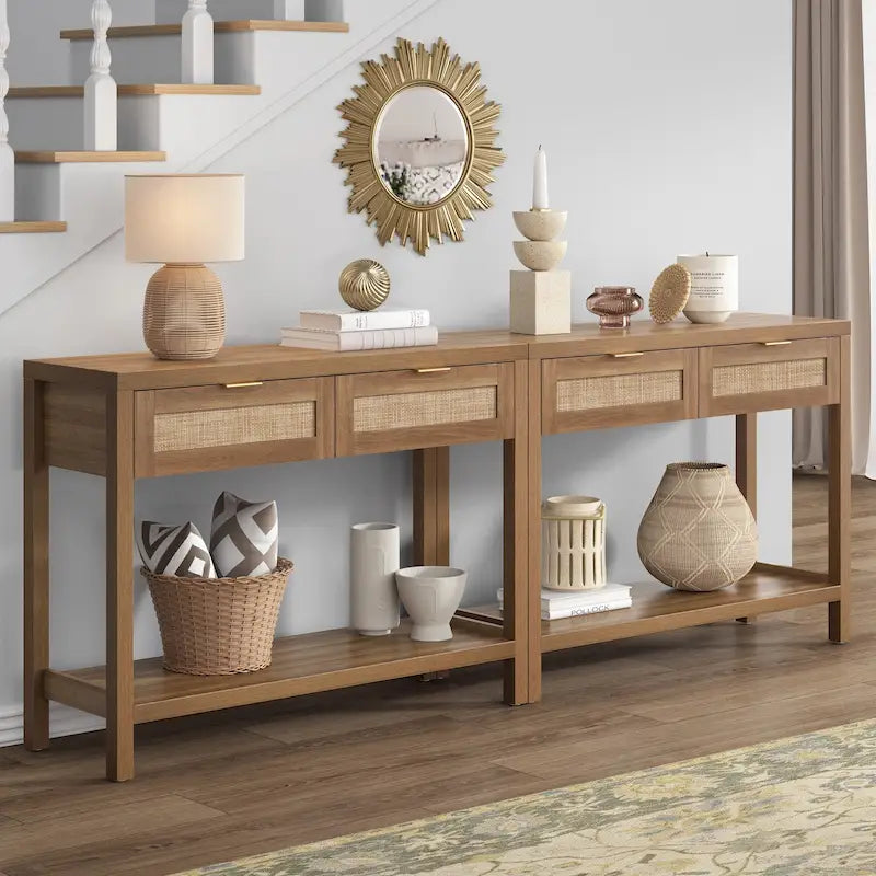 Console en rotin avec 2 tiroirs et étagères - 30 x 39,4 x 13,8
