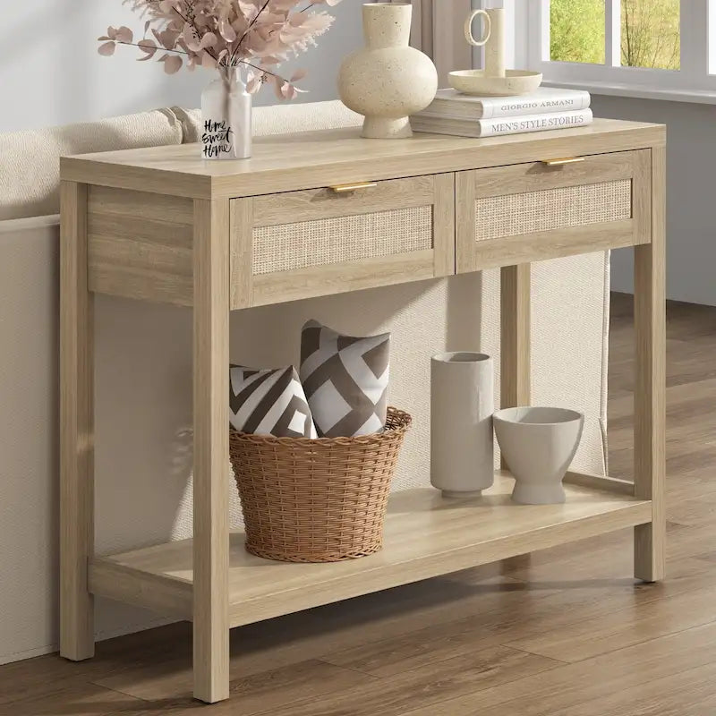 Console en rotin avec 2 tiroirs et étagères - 30 x 39,4 x 13,8