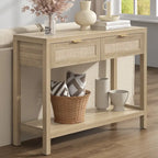 Console en rotin avec 2 tiroirs et étagères - 30 x 39,4 x 13,8