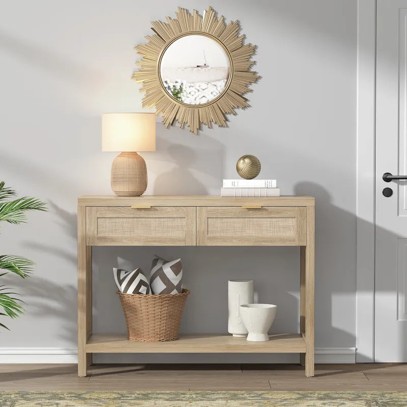 Console en rotin avec 2 tiroirs et étagères - 30 x 39,4 x 13,8