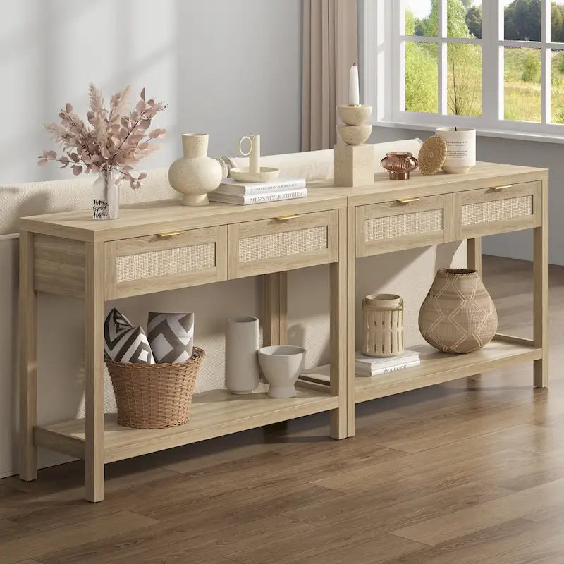 Console en rotin avec 2 tiroirs et étagères - 30 x 39,4 x 13,8