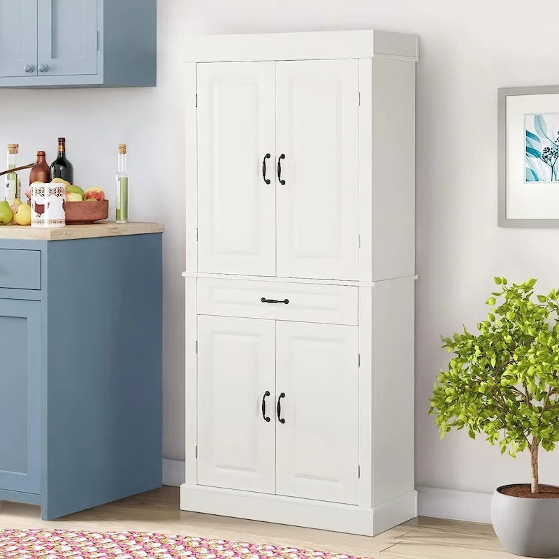 Armoire de cuisine autoportante de 71 po, Armoire de rangement haute avec tiroir et étagères réglables, Placard de sol à 2 portes