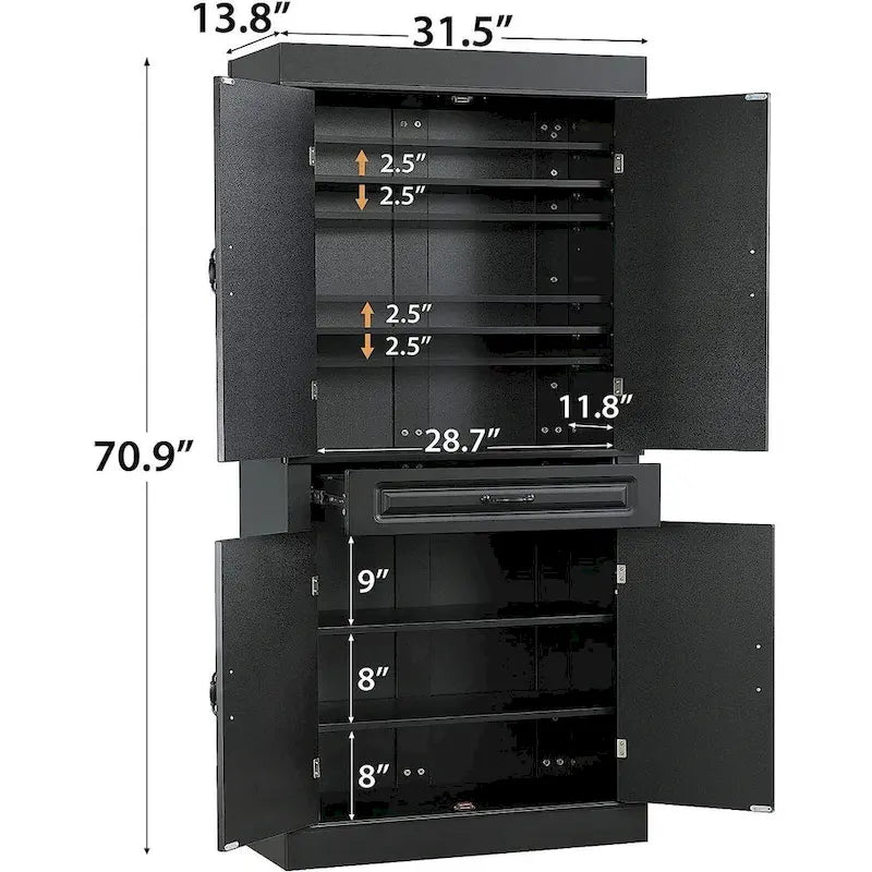 Armoire de cuisine autoportante de 71 po, Armoire de rangement haute avec tiroir et étagères réglables, Placard de sol à 2 portes