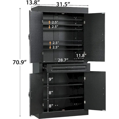 Armoire de cuisine autoportante de 71 po, Armoire de rangement haute avec tiroir et étagères réglables, Placard de sol à 2 portes