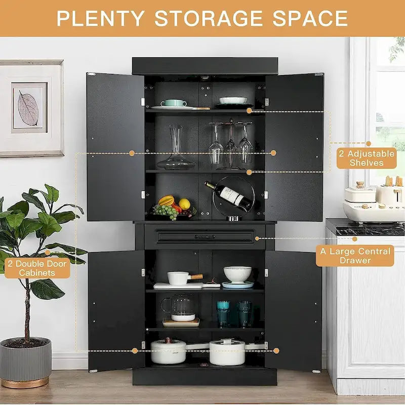 Armoire de cuisine autoportante de 71 po, Armoire de rangement haute avec tiroir et étagères réglables, Placard de sol à 2 portes