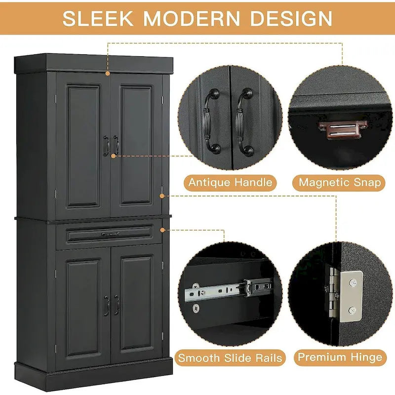 Armoire de cuisine autoportante de 71 po, Armoire de rangement haute avec tiroir et étagères réglables, Placard de sol à 2 portes