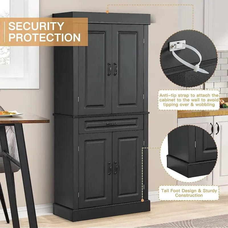 Armoire de cuisine autoportante de 71 po, Armoire de rangement haute avec tiroir et étagères réglables, Placard de sol à 2 portes