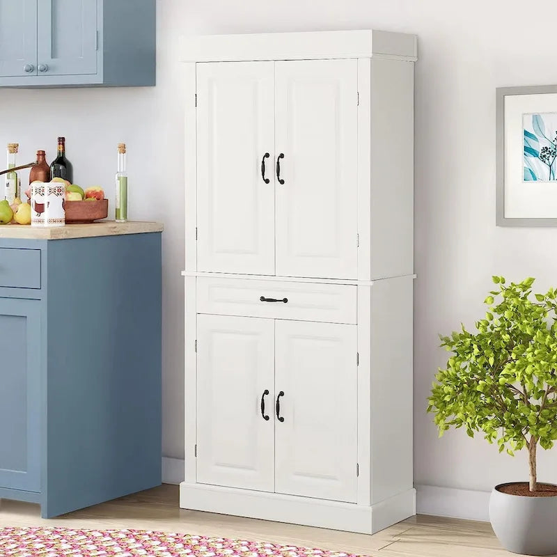 Armoire de cuisine autoportante de 71 po, Armoire de rangement haute avec tiroir et étagères réglables, Placard de sol à 2 portes