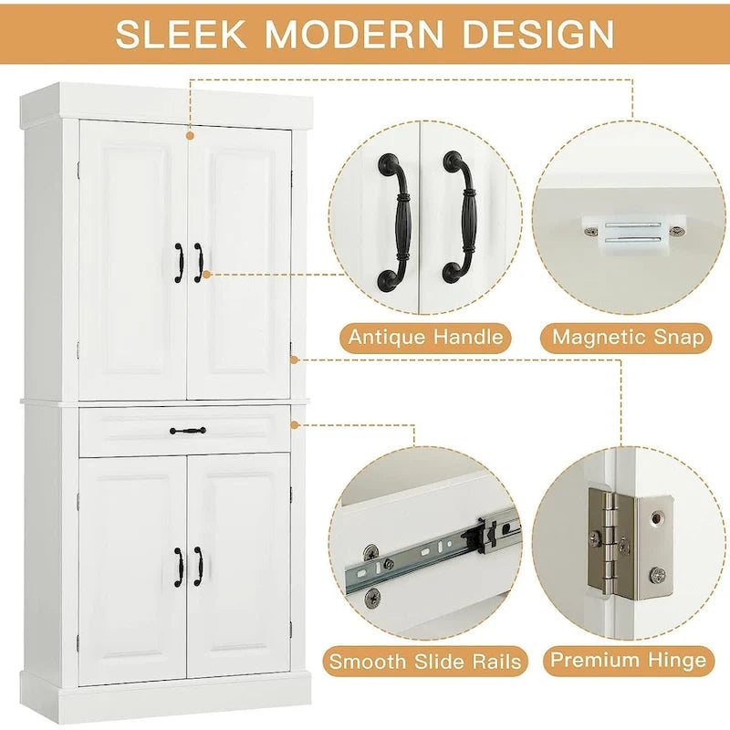 Armoire de cuisine autoportante de 71 po, Armoire de rangement haute avec tiroir et étagères réglables, Placard de sol à 2 portes