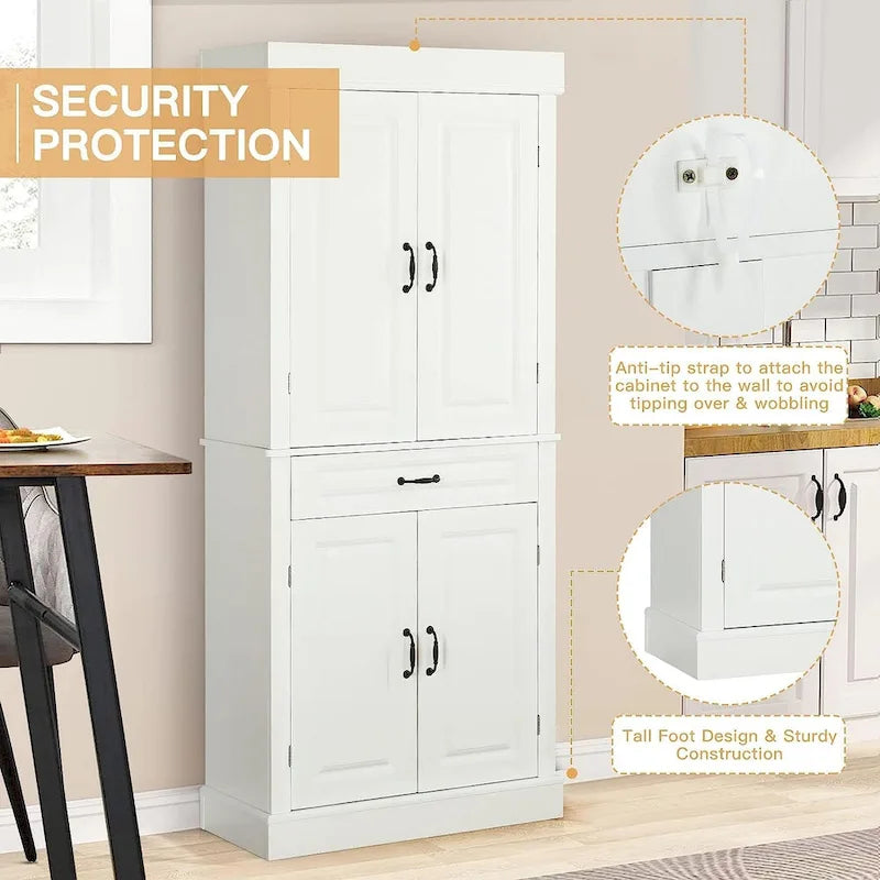 Armoire de cuisine autoportante de 71 po, Armoire de rangement haute avec tiroir et étagères réglables, Placard de sol à 2 portes
