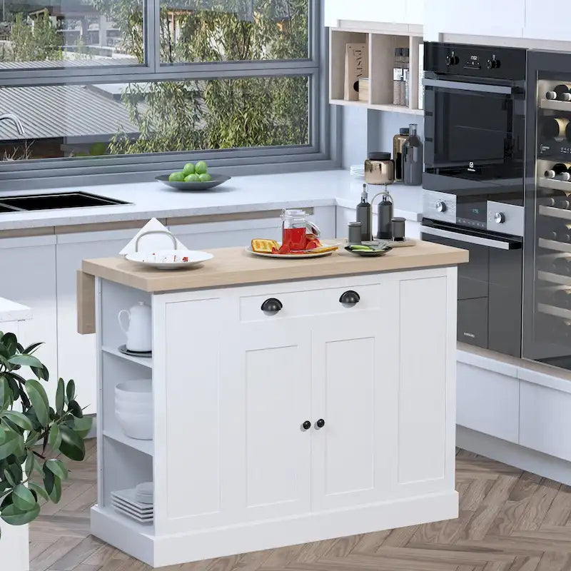 Îlot de cuisine en bois de style cannelé avec abattant, tiroir, étagères ouvertes et rangement