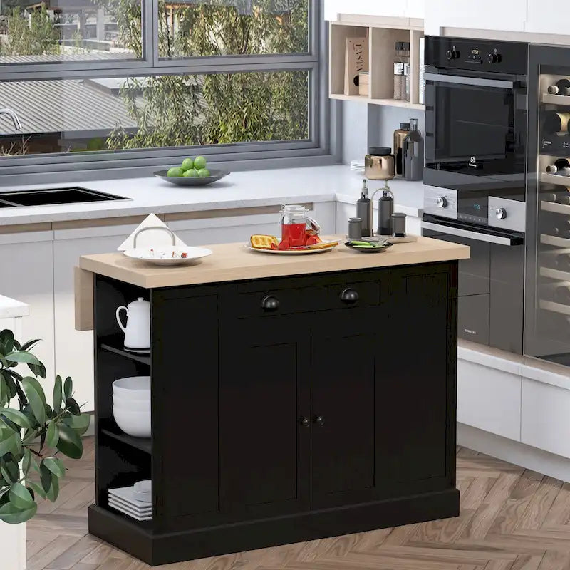 HOMCOM Fluted-Style Wooden Kitchen Island, Countertop with Drop Leaf, Drawer, Open Shelves, Storage
