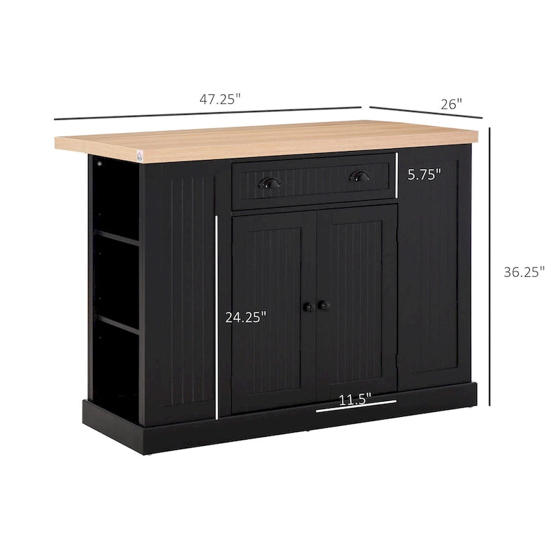 Îlot de cuisine en bois de style cannelé avec abattant, tiroir, étagères ouvertes et rangement