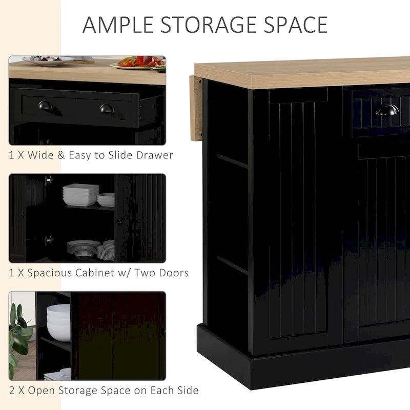 Îlot de cuisine en bois de style cannelé avec abattant, tiroir, étagères ouvertes et rangement