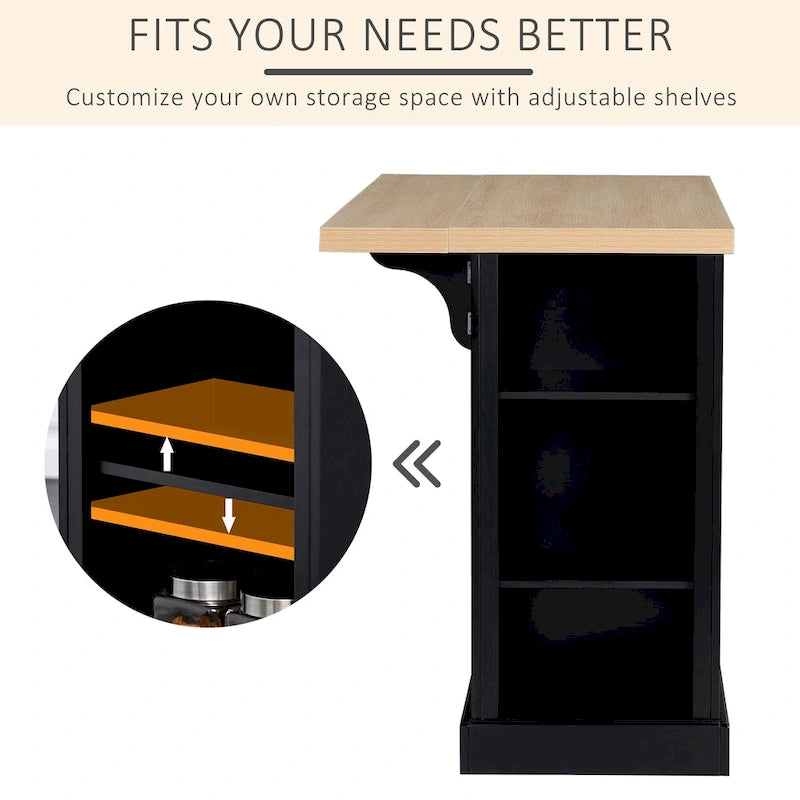 Îlot de cuisine en bois de style cannelé avec abattant, tiroir, étagères ouvertes et rangement