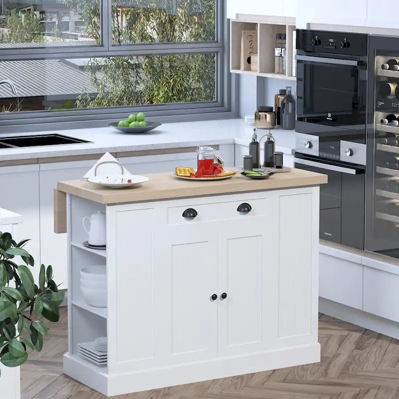 Îlot de cuisine en bois de style cannelé avec abattant, tiroir, étagères ouvertes et rangement