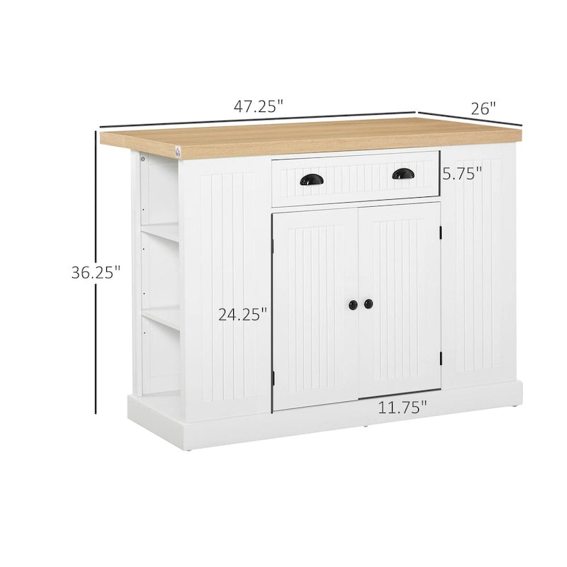 Îlot de cuisine en bois de style cannelé avec abattant, tiroir, étagères ouvertes et rangement