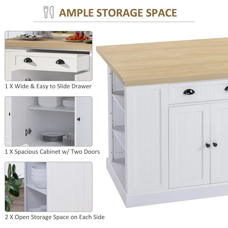 Îlot de cuisine en bois de style cannelé avec abattant, tiroir, étagères ouvertes et rangement