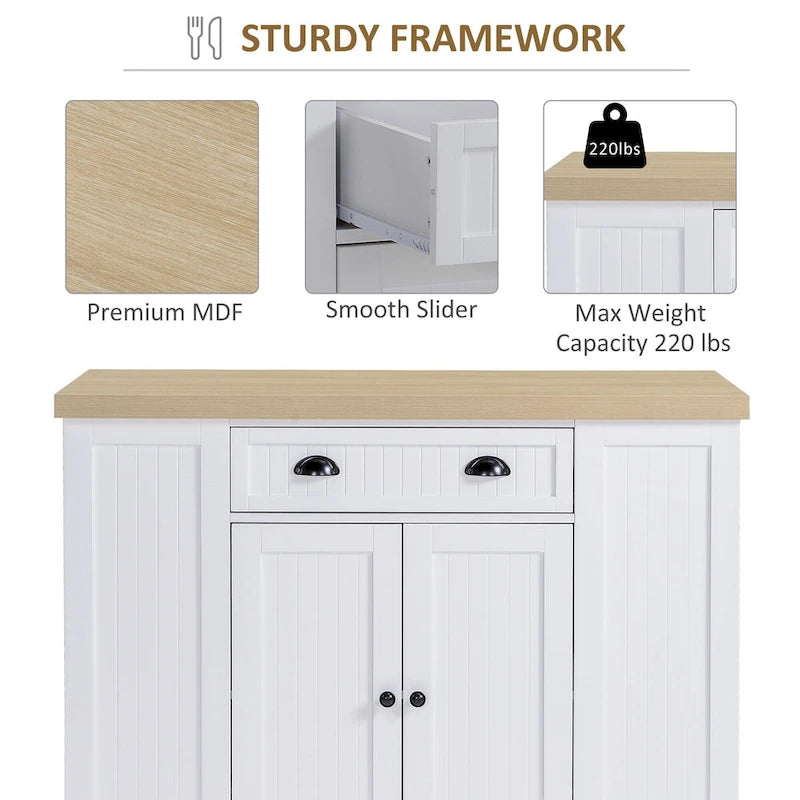 Îlot de cuisine en bois de style cannelé avec abattant, tiroir, étagères ouvertes et rangement